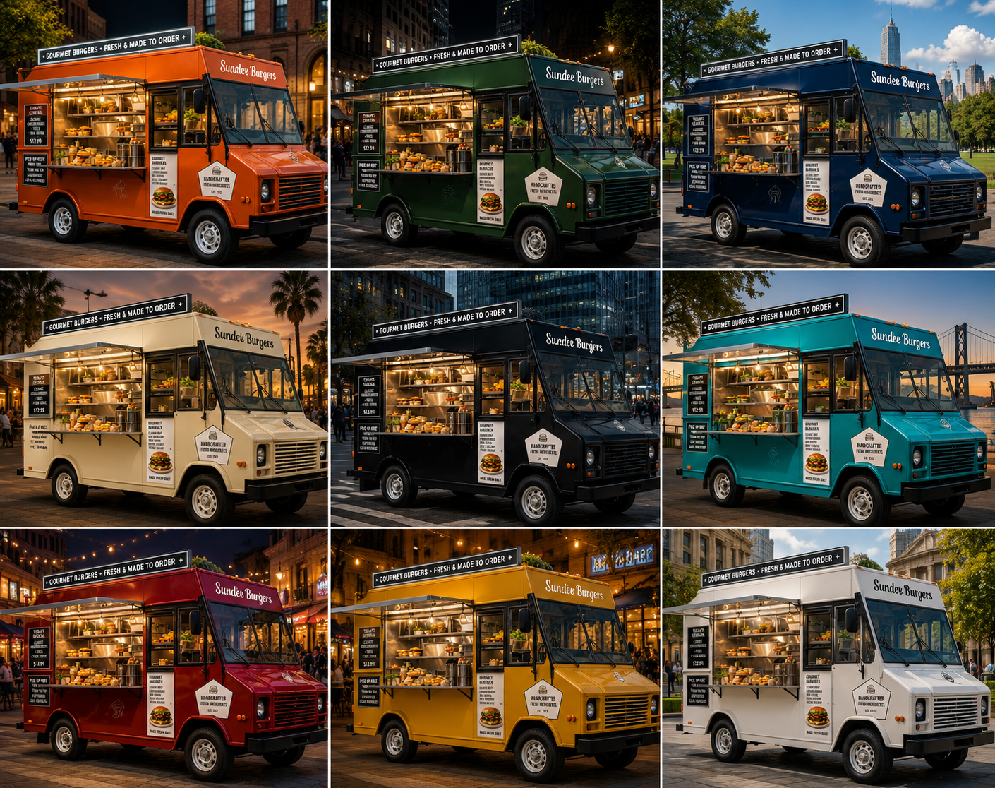 A grid of nine food trucks in different colors and city settings — GrubTrucks discovers every truck in every neighborhood.