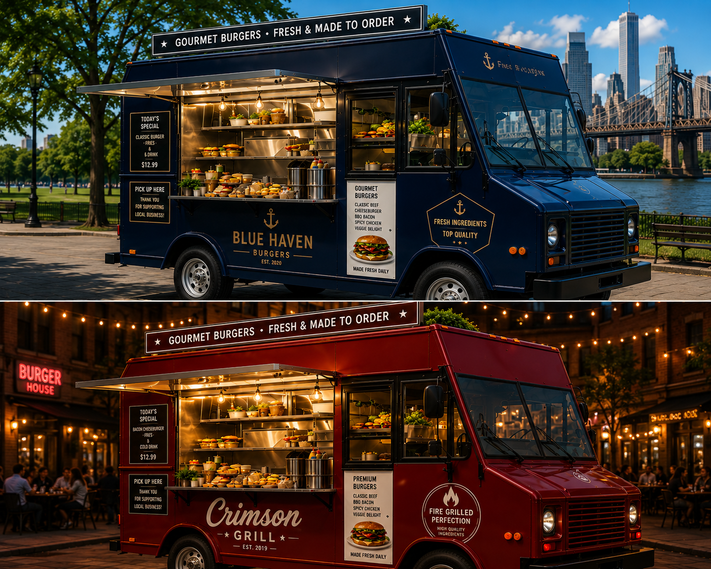 Two food trucks — Blue Haven Burgers (daytime, waterfront) and Crimson Grill (evening, plaza) — both styled in editorial photography.