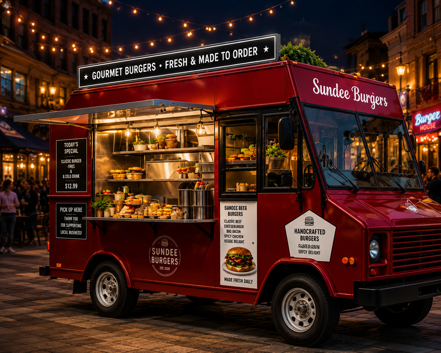 Crimson Grill — evening, urban plaza